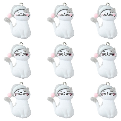 Непрозрачные подвески смолы, кошачьи талисманы с шапочкой для сна, с платиновыми тоновыми железными петлями