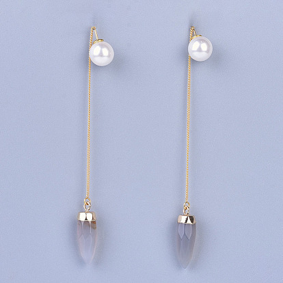 Hilos de oreja de piedras preciosas naturales, con hallazgos de aretes de latón y tuercas acrílicas con imitación de perlas, real 18 k chapado en oro