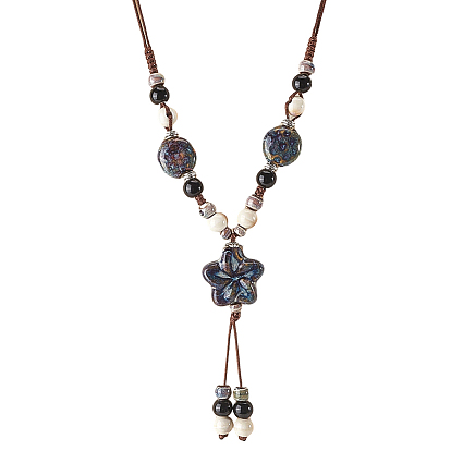 Регулируемый кулон в этническом стиле из сплава и керамики в виде цветка с кисточкой, на вощёном шнурке, для женщин.