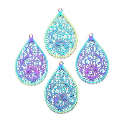 Ion Plating(IP) 201 Stainless Steel Filigree Pendants, Etched Metal Embellishments, Teardrop