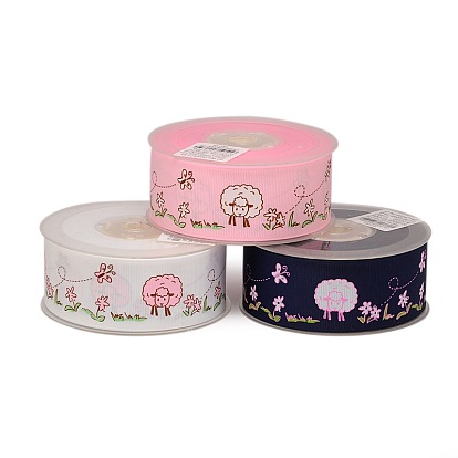 Sheeps and Flowers Single Face Printed Polyester Grosgrain Ribbons