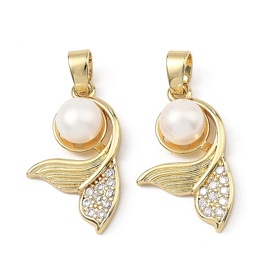 Brass Micro Pave Clear Cubic Zirconia Pendants, with Natural Cultured Freshwater Pearl Beads, Fishtail Charms