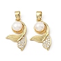 Brass Micro Pave Clear Cubic Zirconia Pendants, with Natural Cultured Freshwater Pearl Beads, Fishtail Charms
