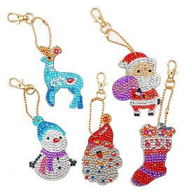Christmas Theme DIY Diamond Painting Keychain Kits, Elk Santa Claus Snowman Christmas Socks, including Resin Rhinestones, Diamond Sticky Pen, Tray Plate and Glue Clay