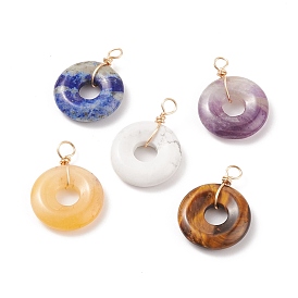 Natural Mixed Stone Pendants, with Real 18K Gold Plated Eco-Friendly Copper Wire Wrapped, Donut/Pi Disc