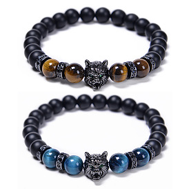 Wolf Head Copper Bracelet with Zircon Stone and Tiger Eye Natural Stone Beads for Men