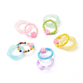 Flower Acrylic Beads Finger Rings for Kid Teen Girl Women, Glass Seed Beads & Transparent Resin Finger Rings Set