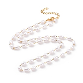 Placage sous vide 304 colliers de perles en acier inoxydable, avec perles ovales imitation perles en plastique