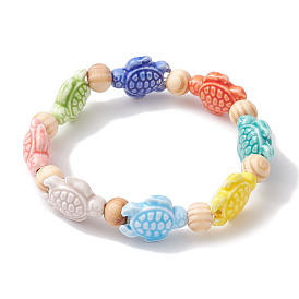Beach Tortoise Handmade Procelain & Wood Round Beaded Stretch Bracelets, Summer Bracelets for Women