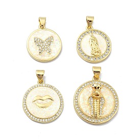 Brass Micro Pave Clear Cubic Zirconia Pendants, with Sythetic Opal, Flat Round, Real 18K Gold Plated