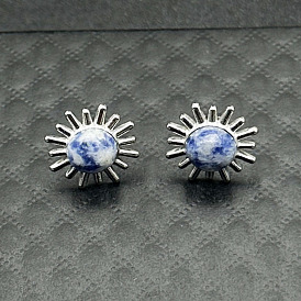 Серьги-гвоздики из сплава с натуральным тигровым глазом и цветком