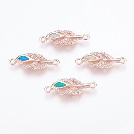 Brass Cubic Zirconia Links, with Synthetic Opal, Leaf