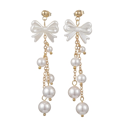 Серьги-гвоздики с бантом из искусственного жемчуга ABS, с круглыми бусинами из ракушек и фурнитурой для сережек из нержавеющей стали, золотые