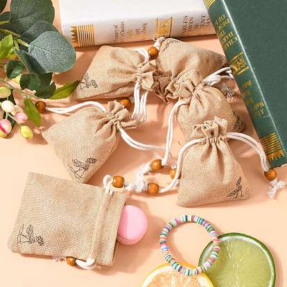 Burlap Packing Pouches, Drawstring Bags, with Wood Beads