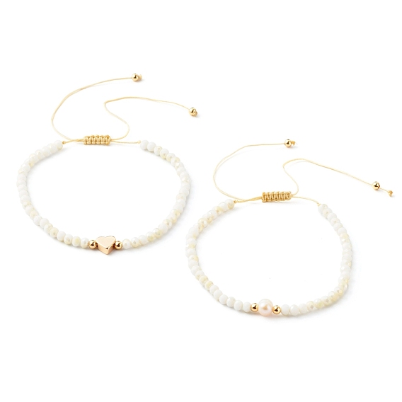 Ensemble de bracelets de perles tressées en fil de nylon réglable, perles de verre galvanoplastie rondelles à facettes, perle en laiton, cœur