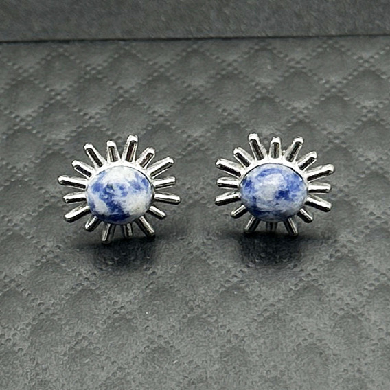 Серьги-гвоздики из сплава с натуральным тигровым глазом и цветком