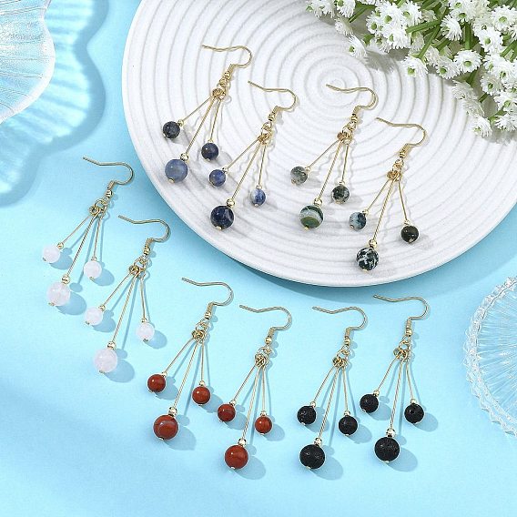 Круглые серьги-подвески из натуральных смешанных драгоценных камней и немагнитного синтетического гематита., кисточка, с 304 нержавеющей стали серьги крючки, золотые