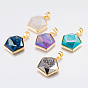 Electroplated Natural Druzy Quartz Crystal Pendants, with Brass Findings, Pentagon, Faceted, Golden