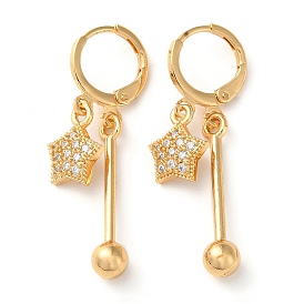Rhinestone Star Leverback Earrings, Brass Bar Drop Earrings for Women