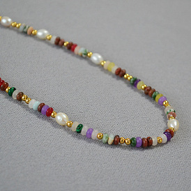 Bohemian Style Natural Color Stone Bead Freshwater Pearl Necklace - Minimalist, Elegant, Unique.
