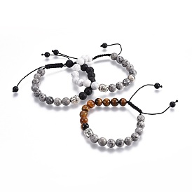 Natural Gemstones Braided Bead Bracelets, with Picasso Stone Beads, Natural Black Agate(Dyed) Beads, Alloy Finding, Buddha Head