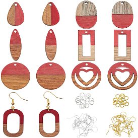 Olycraft DIY Wooden Dangle Earring Making Kits, 14Pcs Horse Eye & Geometry Resin & Walnut Wood Pendants, Brass Earring Hooks & Jump Rings