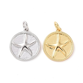 Rack Plating Brass Charms, with Jump Ring, Cadmium Free & Lead Free, Long-Lasting Plated, Flat Round with Starfish Pattern