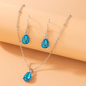 Blue Diamond Water Drop Earrings Necklace Set - Alloy Luxury Jewelry