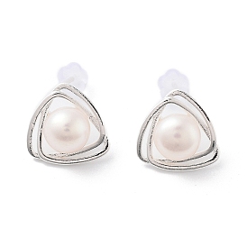 Natural Pearl Triangle Stud Earrings, Brass Earrings with 925 Sterling Silver Pins