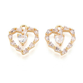 Подвески из латуни с прозрачным фианитом, сердце, без никеля 