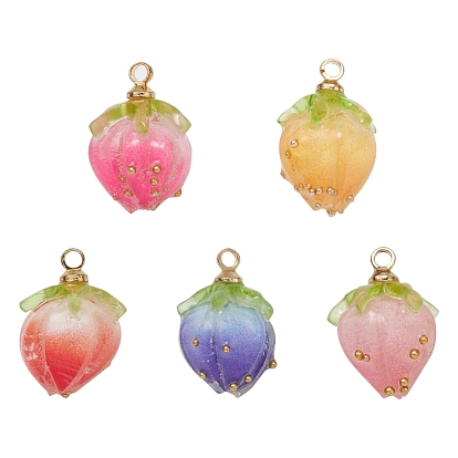 5Pcs 5 Color Handmade Flower Pendants, with Brass Peg Bails and Glass Micro Beads, Bud, Golden