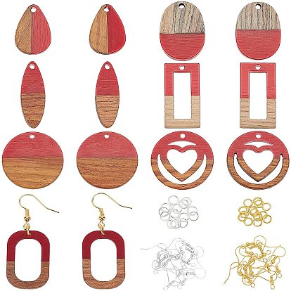 DIY Wooden Dangle Earring Making Kits, 14Pcs Horse Eye & Geometry Resin & Walnut Wood Pendants, Brass Earring Hooks & Jump Rings