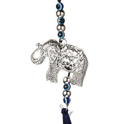 Elephant Alloy Big Pendant Decorations, with Evil Eye Resin Beads, Plastic Beads,  Polyester Tassels, Iron Findings, Wall Hanging Decoration