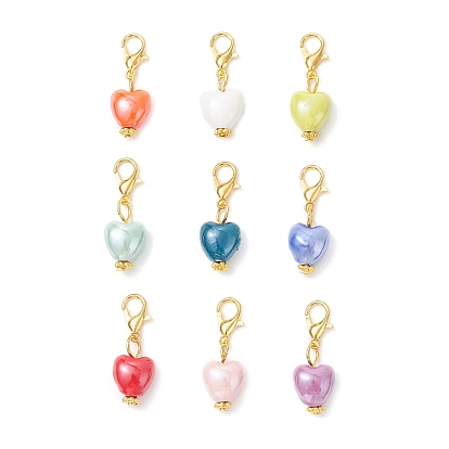 Decoraciones colgantes de porcelana perlada hechas a mano, corazón, con aleación de zinc hebillas de pinza de langosta, color mezclado
