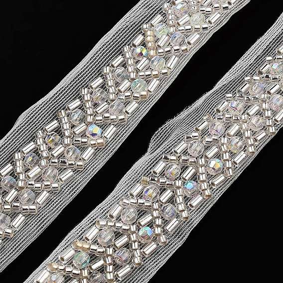 Polyester Lace Trims, with ABS Imitation Pearl Beads and Glass