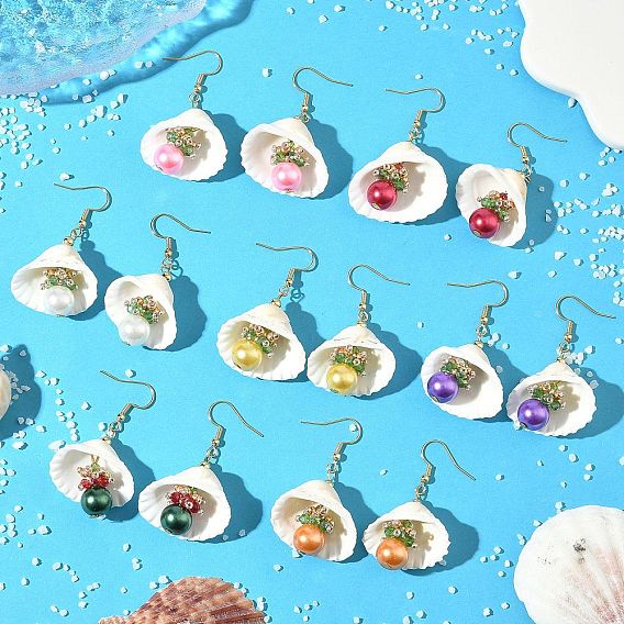 7 Pairs 304 Stainless Steel Shell Shape with Round Dangle Earrings, with Glass Seed & Shell & Glass Pearl, Golden