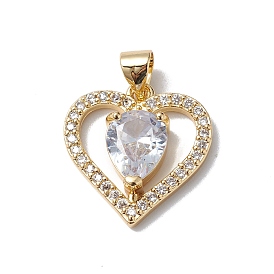 Brass Cubic Zirconia Pendants, Cadmium Free & Lead Free, Real 18K Gold Plated, Long-Lasting Plated, Heart with Teardrop Charm