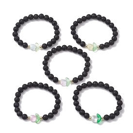 Natural Lava Rock Round Beaded Stretch Bracelets, with Transparent Glass Flower Beads and Electroplate Non-magnetic Synthetic Hematite Beads Strands