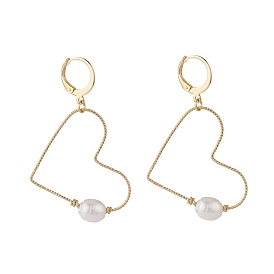 Large Heart Wire Dangle Hoop Earring, Pearl Beaded Drop Earrings for Women, Golden