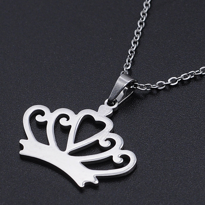 201 Stainless Steel Pendants Necklaces, with Cable Chains and Lobster Claw Clasps, Crown