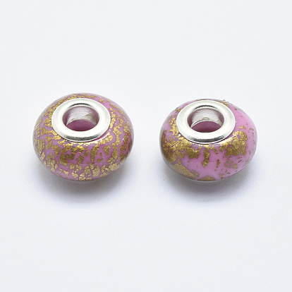 Perles européennes en pate polymère manuelles, avec noyaux en laiton plaqué couleur argent, Perles avec un grand trou   , rondelle
