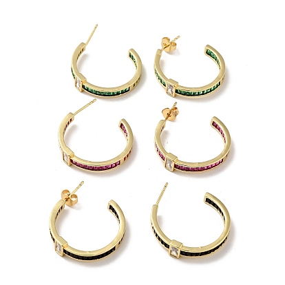 Cubic Zirconia Rectangle Stud Earrings, Real 18K Gold Plated Brass Half Hoop Earrings for Women