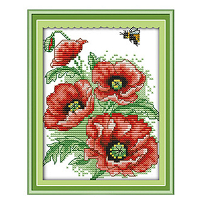 Poppy Pattern DIY Cross Stitch Beginner Kits, Stamped Cross Stitch Kit, Including 11CT Printed Cotton Fabric, Embroidery Thread & Needles, Instructions