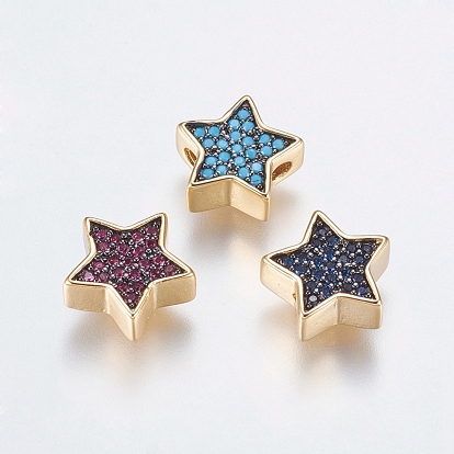 Brass Micro Pave Cubic Zirconia Beads, Long-Lasting Plated, Lead Free & Cadmium Free, Star, Golden