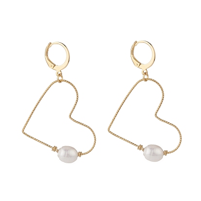 Large Heart Wire Dangle Hoop Earring, Pearl Beaded Drop Earrings for Women, Golden