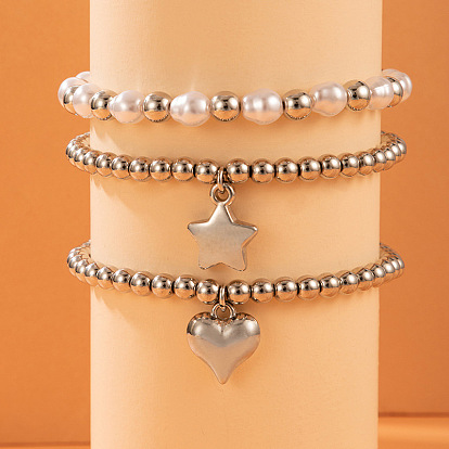 Multi-layer Alloy Beaded Bracelet Set with Star, Heart and Pearl Design