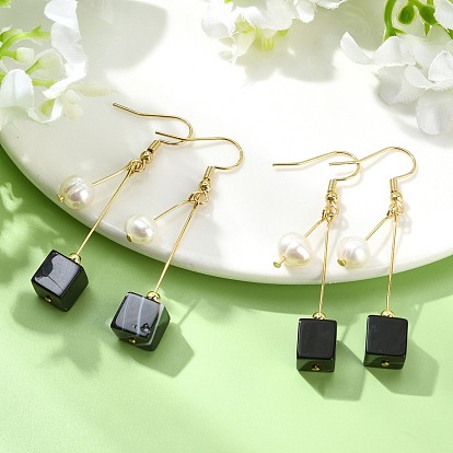 Серьги-подвески из натурального полосатого агата (окрашенного и подвергнутого термической обработке) и нержавеющей стали с натуральным культивированным пресноводным жемчугом., кубические