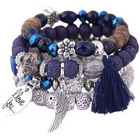 Bohemian Style Multilayer Tassel Bracelet Set with Love Cat's Eye Beads