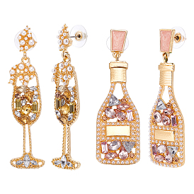 2 пары 2 стили серьги-гвоздики из сплава со стразами, шампанское и бокал