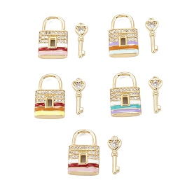 Brass Micro Pave Clear Cubic Zirconia Pendants, with Enamel, Long-Lasting, Lock & Key, Real 18K Gold Plated